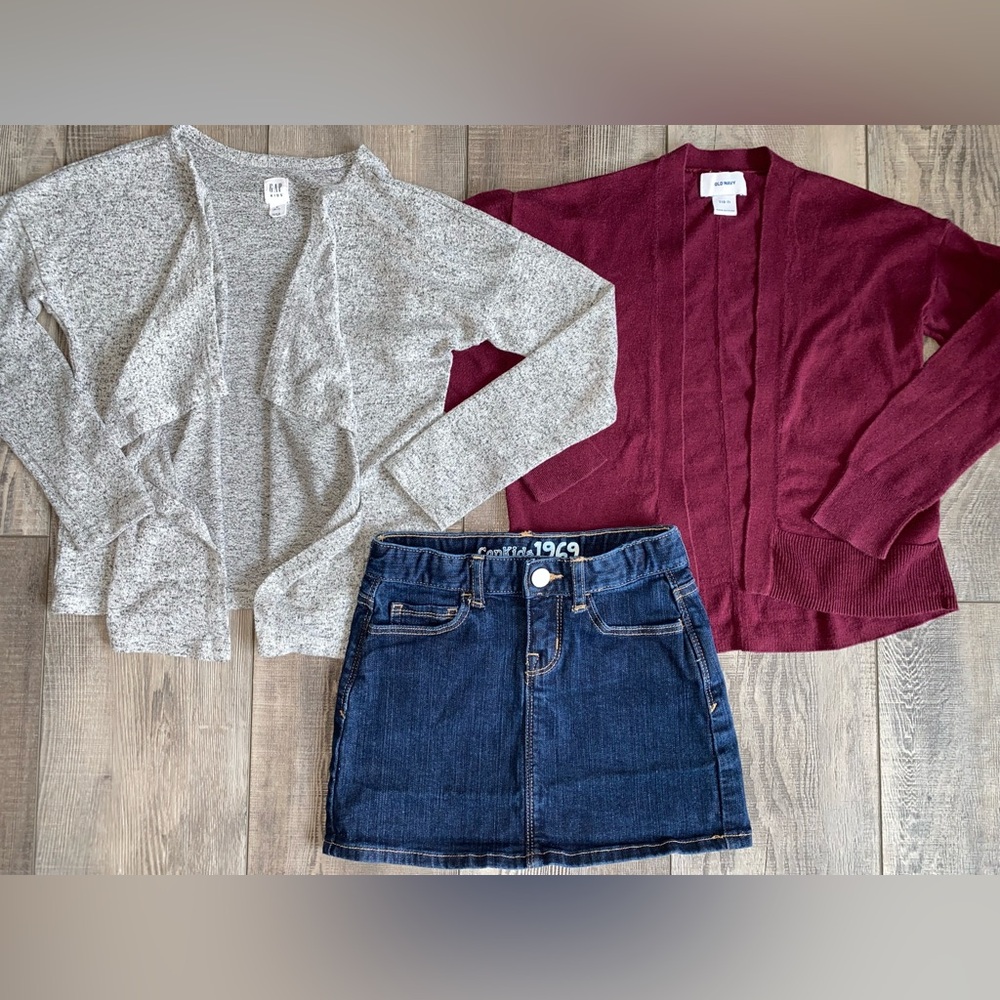 🍂 Gap Old Navy Gray Burgundy Cardigans Denim Jean Mini Skirt Bundle Lot 6 6/7